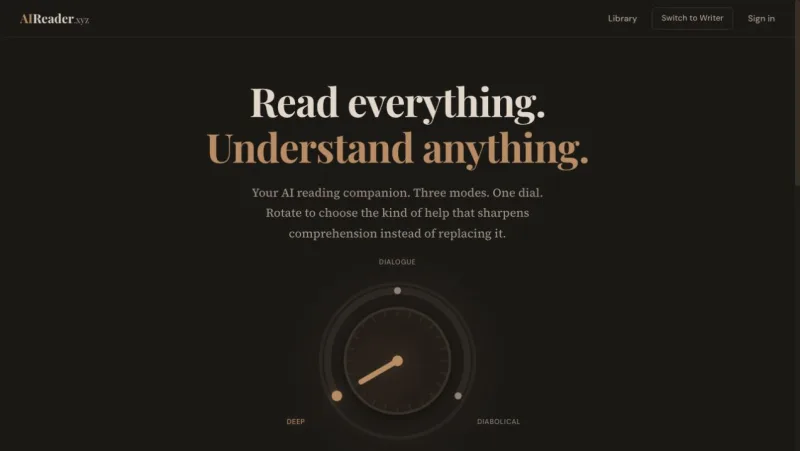 Poreover AIReader homepage showing its Deep, Dialogue and Diabolical reading modes