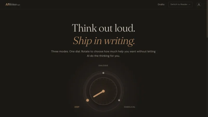 Poreover AIWriter homepage showing its Deep, Dialogue and Diabolical writing modes