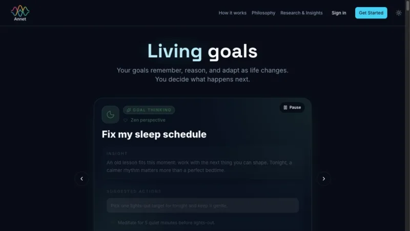 Annet homepage showing the Living goals experience