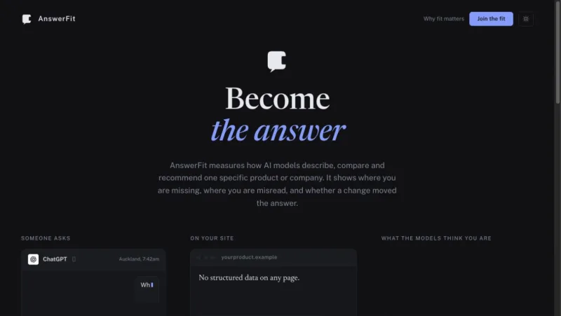 AnswerFit homepage showing the Become the answer experience