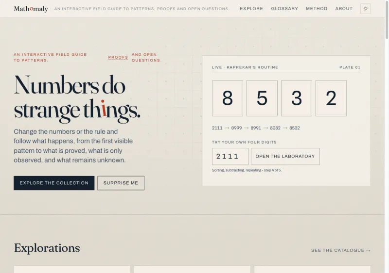 Mathomaly homepage with its interactive Kaprekar number routine and exploration catalogue